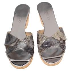 مملوكة مسبقًا صندل جيمي تشو بانا جلد نقشة الثعبان رصاصي كعب روكي فليني مقاس 40