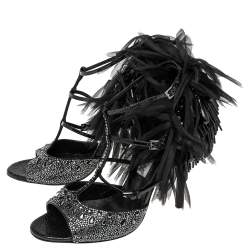 Pre Owned Jimmy Choo Black Suede and Patent Leather Crystal and Bead Embellished Sandals Size 40
