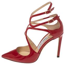 Pre Owned Jimmy Choo Red Patent Leather Lancer Strappy Pumps Size 37
