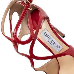 Pre Owned Jimmy Choo Red Patent Leather Lancer Strappy Pumps Size 37