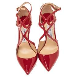 Pre Owned Jimmy Choo Red Patent Leather Lancer Strappy Pumps Size 37