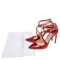 Pre Owned Jimmy Choo Red Patent Leather Lancer Strappy Pumps Size 37