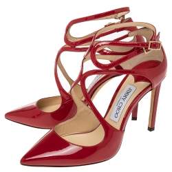 Pre Owned Jimmy Choo Red Patent Leather Lancer Strappy Pumps Size 37