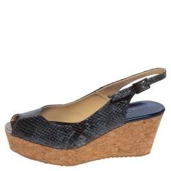 Pre Owned Jimmy Choo Blue/Black Python Embossed Leather Praise Wedge Sandals Size 37