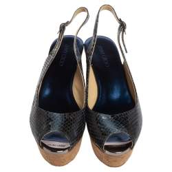 Pre Owned Jimmy Choo Blue/Black Python Embossed Leather Praise Wedge Sandals Size 37