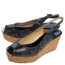 Pre Owned Jimmy Choo Blue/Black Python Embossed Leather Praise Wedge Sandals Size 37