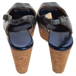 Pre Owned Jimmy Choo Blue/Black Python Embossed Leather Praise Wedge Sandals Size 37