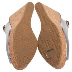Pre Owned Jimmy Choo Silver Leather Cork Wedge Ankle Strap Sandals Size 38