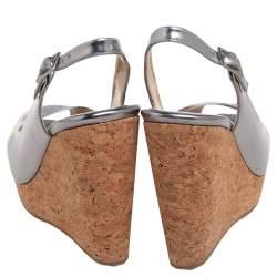 Pre Owned Jimmy Choo Silver Leather Cork Wedge Ankle Strap Sandals Size 38