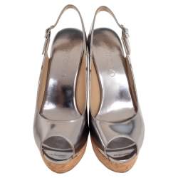 Pre Owned Jimmy Choo Silver Leather Cork Wedge Ankle Strap Sandals Size 38
