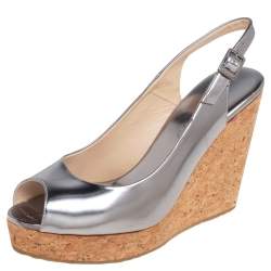 Pre Owned Jimmy Choo Silver Leather Cork Wedge Ankle Strap Sandals Size 38