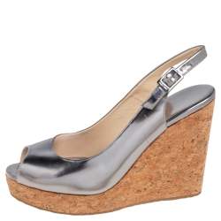 Pre Owned Jimmy Choo Silver Leather Cork Wedge Ankle Strap Sandals Size 38