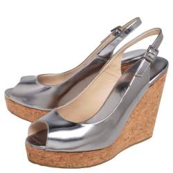 Pre Owned Jimmy Choo Silver Leather Cork Wedge Ankle Strap Sandals Size 38