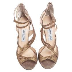 Pre Owned Jimmy Choo Beige Suede Crystal Embellished Strappy Sandals Size 39