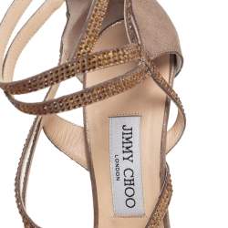 Pre Owned Jimmy Choo Beige Suede Crystal Embellished Strappy Sandals Size 39