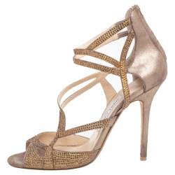 Pre Owned Jimmy Choo Beige Suede Crystal Embellished Strappy Sandals Size 39