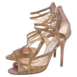 Pre Owned Jimmy Choo Beige Suede Crystal Embellished Strappy Sandals Size 39