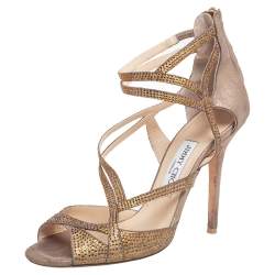 Pre Owned Jimmy Choo Beige Suede Crystal Embellished Strappy Sandals Size 39