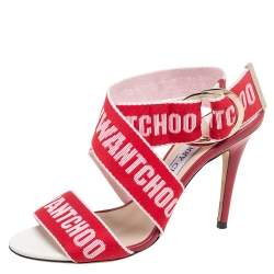 Pre Owned Jimmy Choo Red Canvas Bailey Ankle Wrap Sandals Size 37.5