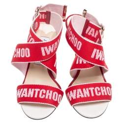 Pre Owned Jimmy Choo Red Canvas Bailey Ankle Wrap Sandals Size 37.5