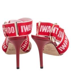 Pre Owned Jimmy Choo Red Canvas Bailey Ankle Wrap Sandals Size 37.5