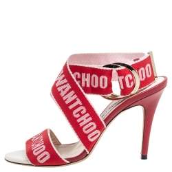 Pre Owned Jimmy Choo Red Canvas Bailey Ankle Wrap Sandals Size 37.5