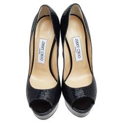 Pre Owned Jimmy Choo Metallic Black Glitter Fabric Dahila Platform Peep Toe Pumps Size 39