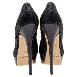 Pre Owned Jimmy Choo Metallic Black Glitter Fabric Dahila Platform Peep Toe Pumps Size 39