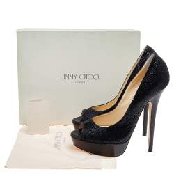 Pre Owned Jimmy Choo Metallic Black Glitter Fabric Dahila Platform Peep Toe Pumps Size 39
