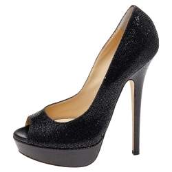 Pre Owned Jimmy Choo Metallic Black Glitter Fabric Dahila Platform Peep Toe Pumps Size 39