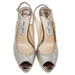 Pre Owned Jimmy Choo Metallic Gold Glitter Verity Peep Toe Slingback Platform Sandals Size 38