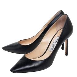 Pre Owned حذاء كعب عالي جيمي تشو رومي جلد أسود مقدمة مدببة مقاس 37