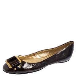 Pre Owned Jimmy Choo Dark Brown Patent Leather Morse Buckle Ballet Flats Size 39
