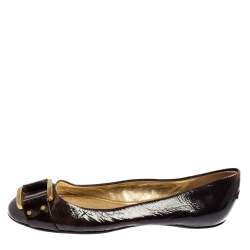 Pre Owned Jimmy Choo Dark Brown Patent Leather Morse Buckle Ballet Flats Size 39