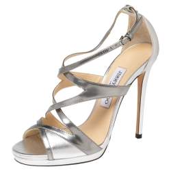 Pre Owned Jimmy Choo Silver Patent and Leather Marianne Sandals Size 37.5