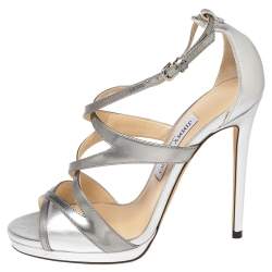 Pre Owned Jimmy Choo Silver Patent and Leather Marianne Sandals Size 37.5