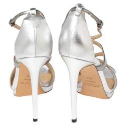 Pre Owned Jimmy Choo Silver Patent and Leather Marianne Sandals Size 37.5