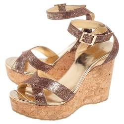 Pre Owned Jimmy Choo Metallic Pink Leather Cork Wedge Ankle Strap Sandals Size 37.5