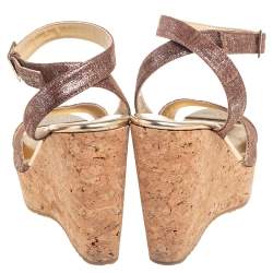 Pre Owned Jimmy Choo Metallic Pink Leather Cork Wedge Ankle Strap Sandals Size 37.5