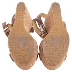Pre Owned Jimmy Choo Metallic Pink Leather Cork Wedge Ankle Strap Sandals Size 37.5