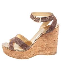Pre Owned Jimmy Choo Metallic Pink Leather Cork Wedge Ankle Strap Sandals Size 37.5