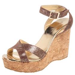 Pre Owned Jimmy Choo Metallic Pink Leather Cork Wedge Ankle Strap Sandals Size 37.5