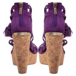 Pre Owned Jimmy Choo Purple Suede Braided Suede Cork Wedge Platform Sandals Size 38