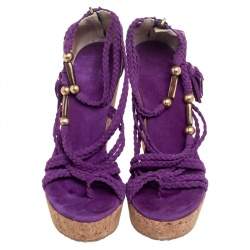 Pre Owned Jimmy Choo Purple Suede Braided Suede Cork Wedge Platform Sandals Size 38