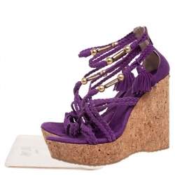 Pre Owned Jimmy Choo Purple Suede Braided Suede Cork Wedge Platform Sandals Size 38