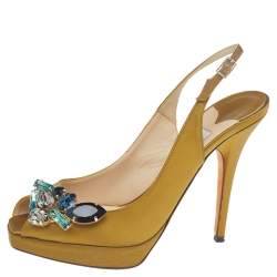 Pre Owned Jimmy Choo Medalion Yellow Satin Crystal Embellished Platform Slingback Sandals Size 38