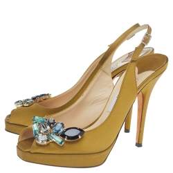 Pre Owned Jimmy Choo Medalion Yellow Satin Crystal Embellished Platform Slingback Sandals Size 38