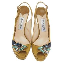Pre Owned Jimmy Choo Medalion Yellow Satin Crystal Embellished Platform Slingback Sandals Size 38
