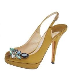 Pre Owned Jimmy Choo Medalion Yellow Satin Crystal Embellished Platform Slingback Sandals Size 38