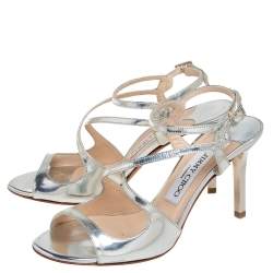 Pre Owned Jimmy Choo Silver Mirror Leather Paxton Cross Strap Sandals Size 35.5
